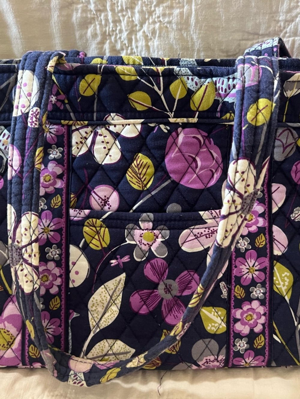 Vera Bradley Navy Quilted Tote with Purple, Pink & Yellow Floral Lattice